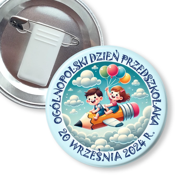 przypinka z żabką i agrafką Dzień Przedszkolaka samolot-kredka