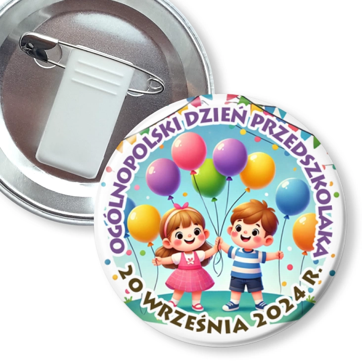 przypinka z żabką i agrafką Dzień Przedszkolaka z balonikami