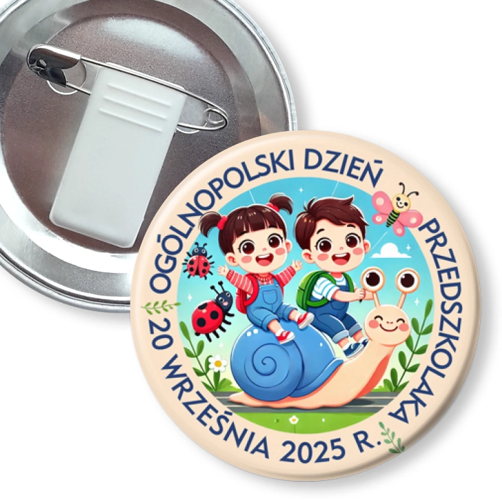 przypinka z żabką i agrafką Dzień Przedszkolaka ze ślimakiem
