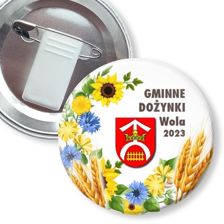 przypinka z żabką i agrafką Gminne Dożynki Wola 2023 r.