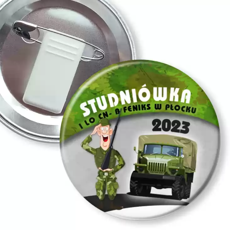 przypinka z żabką i agrafką I LO CN-B Feniks W Płocku Studniówka 2023