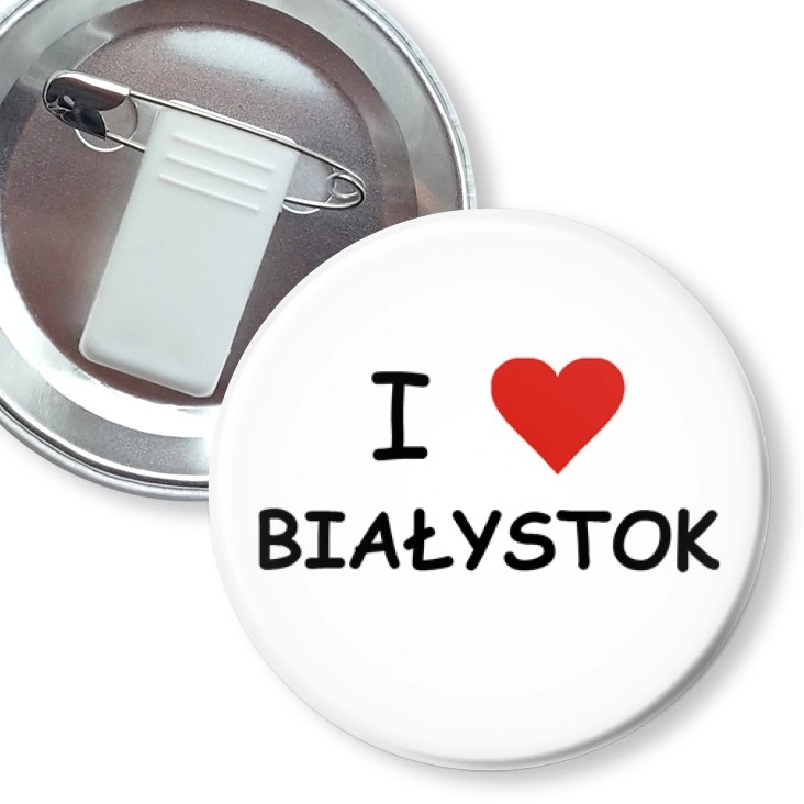 przypinka z żabką i agrafką I love Białystok