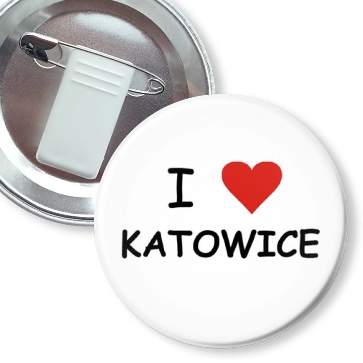 przypinka z żabką i agrafką I love Katowice