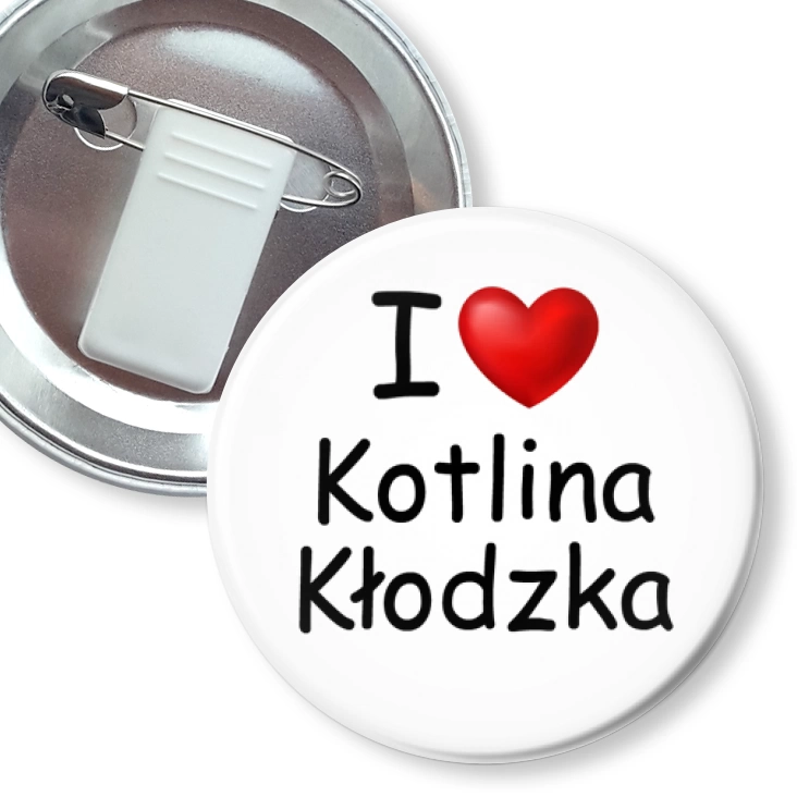 przypinka z żabką i agrafką I love Kotlina Kłodzka