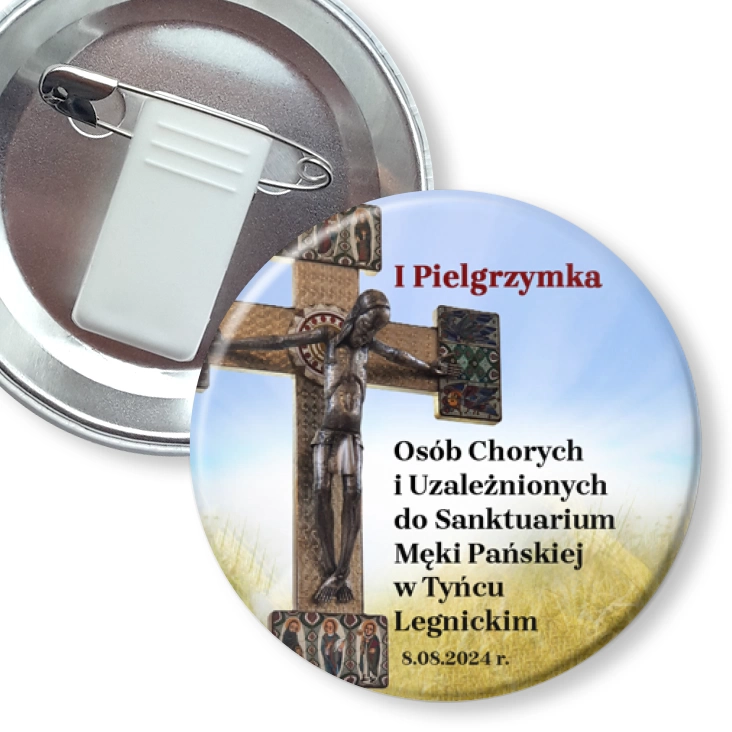 przypinka z żabką i agrafką I Pielgrzymka Osób Chorych i Uzależnionych 2024