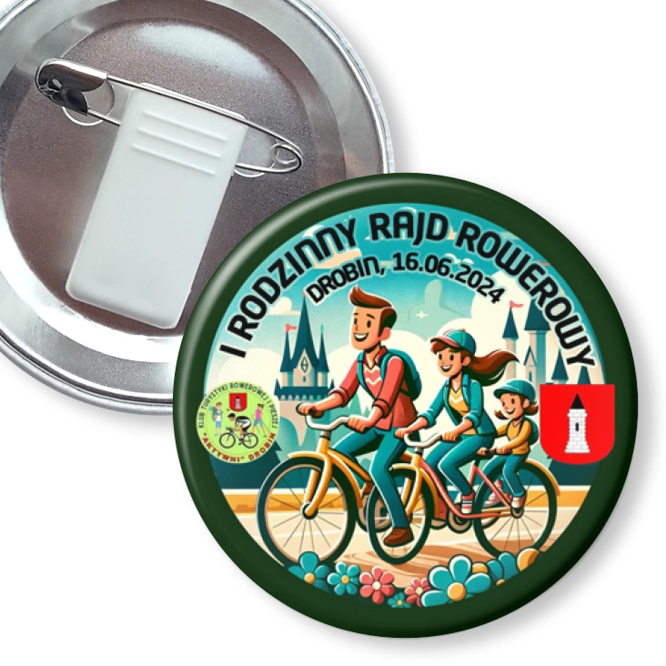 przypinka z żabką i agrafką I Rodzinny Rajd Rowerowy Drobin