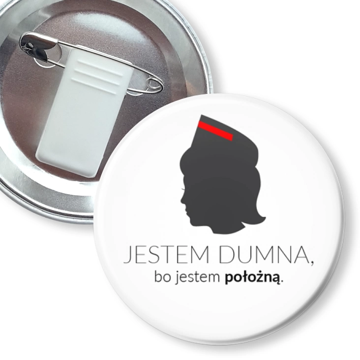 przypinka z żabką i agrafką Jestem dumna bo jestem położną