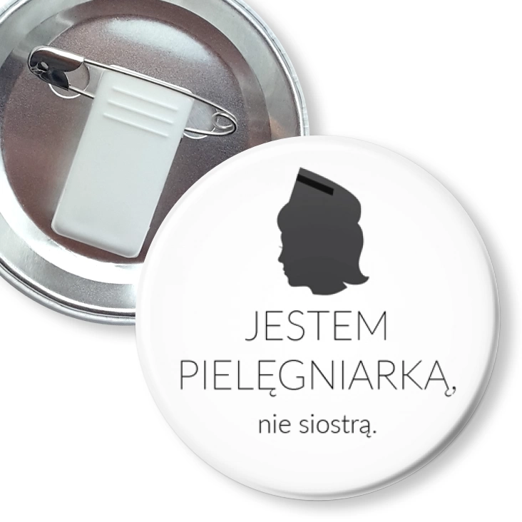 przypinka z żabką i agrafką Jestem pielęgniarką nie siostrą