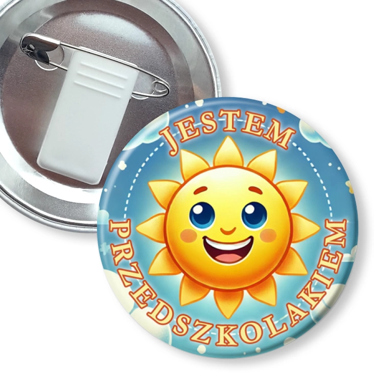 przypinka z żabką i agrafką Jestem przedszkolakiem słoneczko