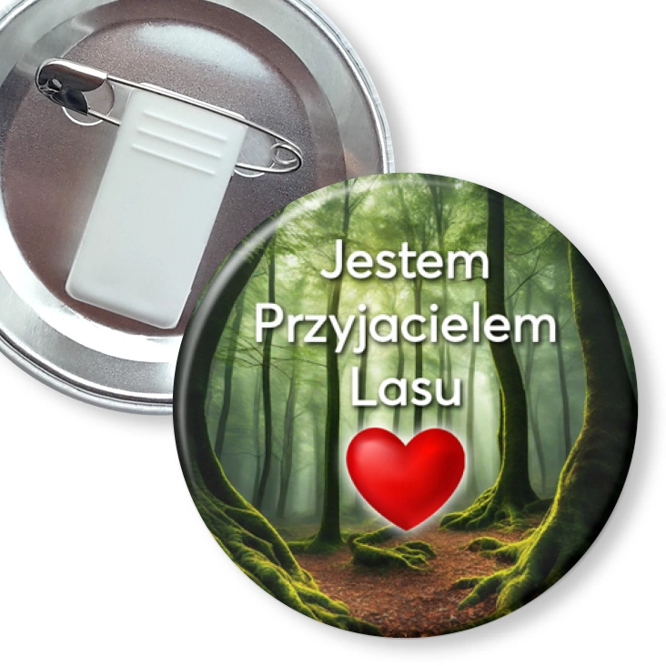 przypinka z żabką i agrafką Jestem przyjacielem lasu zielone serce