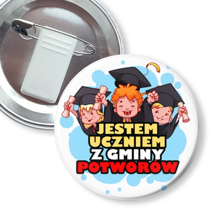 przypinka z żabką i agrafką Jestem uczniem z gminy Potworów