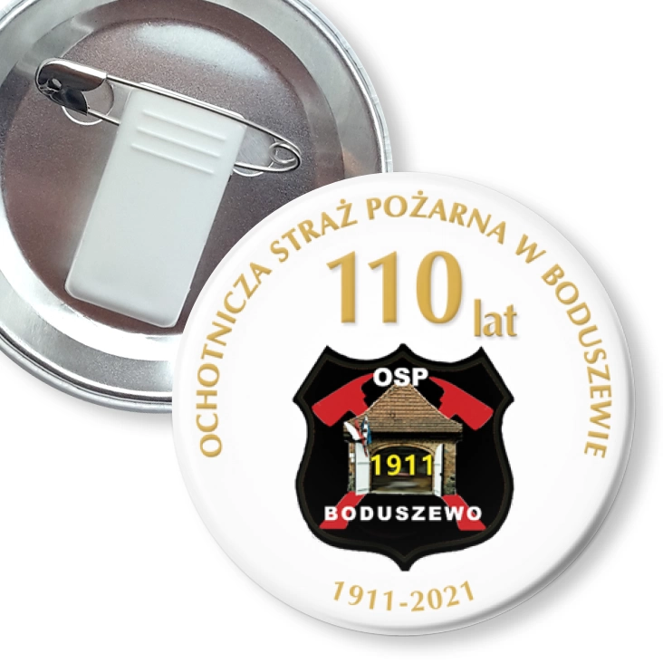 przypinka z żabką i agrafką Jubileusz 110 lat OSP Boduszewo