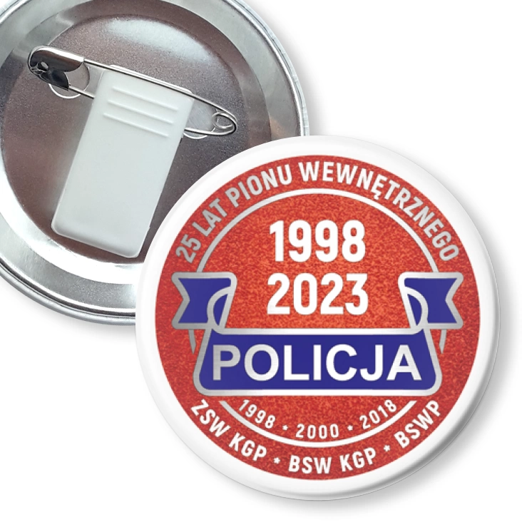 przypinka z żabką i agrafką Jubileusz 25 lat Pionu Wewnętrznego Policja