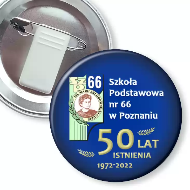 przypinka z żabką i agrafką Jubileusz 50-lecia istnienia SP 66 w Poznaniu