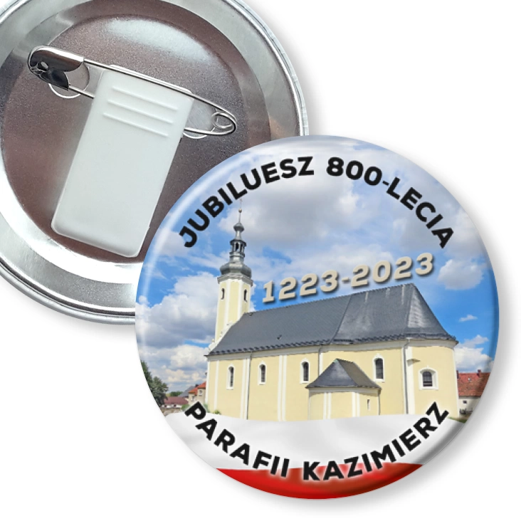 przypinka z żabką i agrafką Jubileusz 800-lecia Parafii Kazimierz