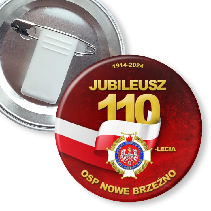 przypinka z żabką i agrafką Jubileusz OSP Nowe Brzeźno