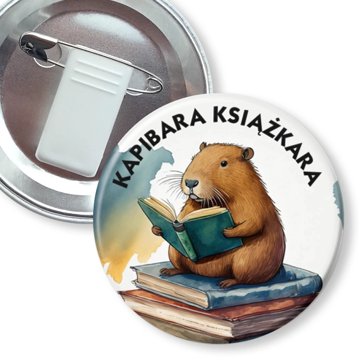 przypinka z żabką i agrafką Kapibara książkara