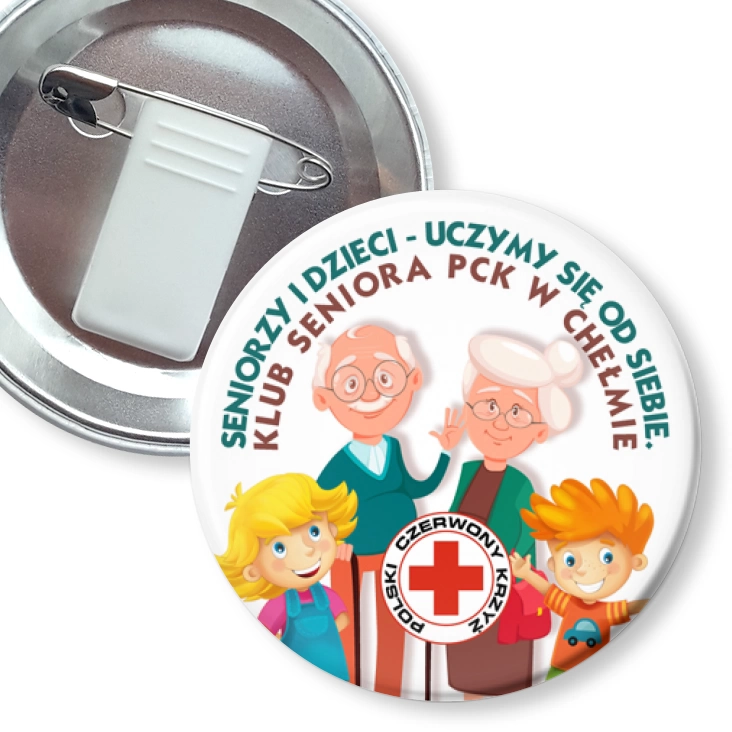 przypinka z żabką i agrafką Klub Seniora PCK w Chełmie