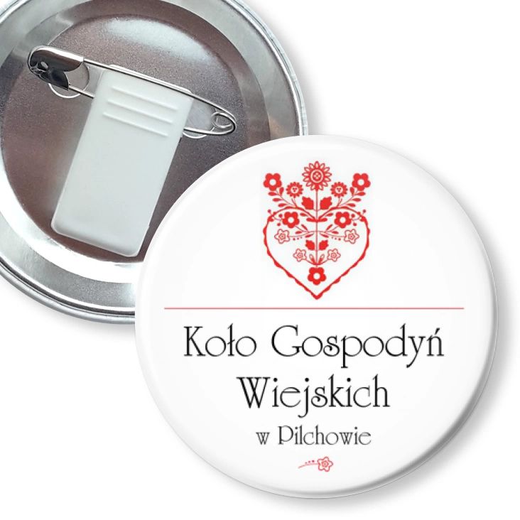 przypinka z żabką i agrafką Koło Gospodyń Wiejskich w Pilchowie