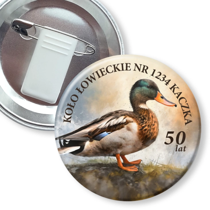 przypinka z żabką i agrafką Koło Łowieckie Kaczka Jubileusz