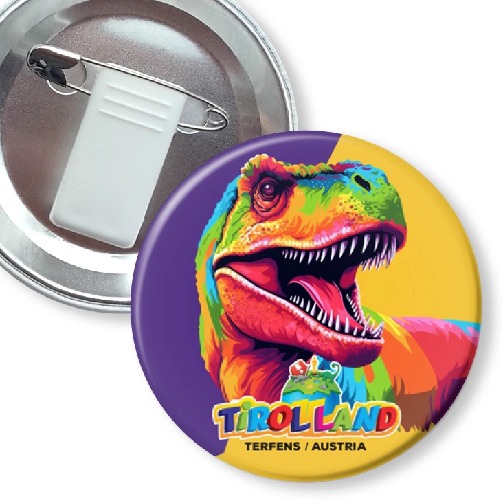 przypinka z żabką i agrafką Kolorowy tyranozaur Tirolland