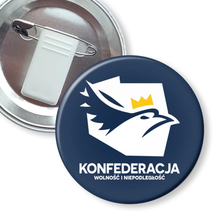 przypinka z żabką i agrafką Konfederacja logo w inwersji