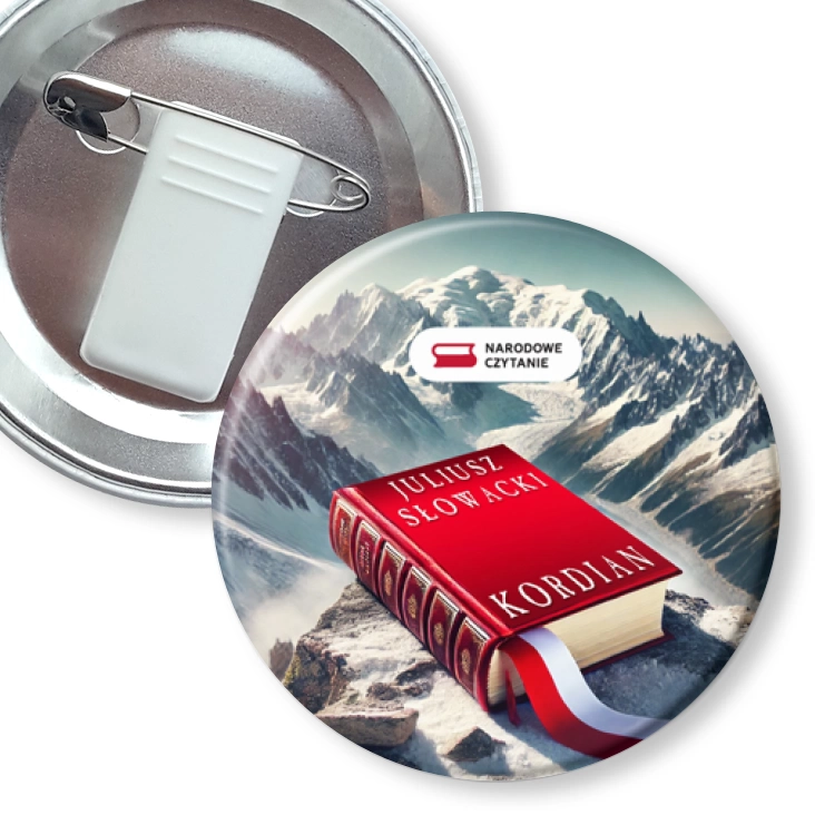 przypinka z żabką i agrafką Kordian książka na tle Mont Blanc