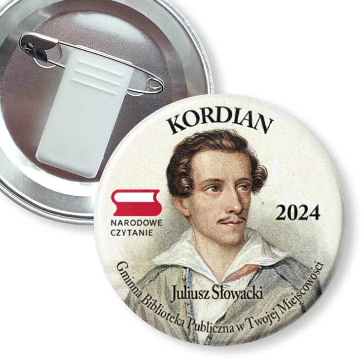 przypinka z żabką i agrafką Kordian portret Słowackiego