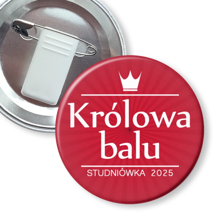 przypinka z żabką i agrafką Królowa Balu z białą koroną czerwona