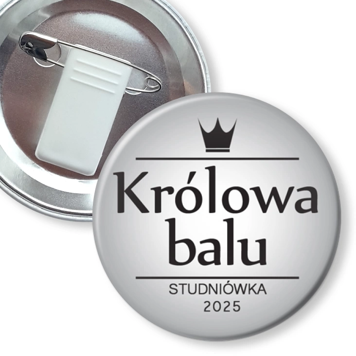 przypinka z żabką i agrafką Królowa Balu szara na studniówkę