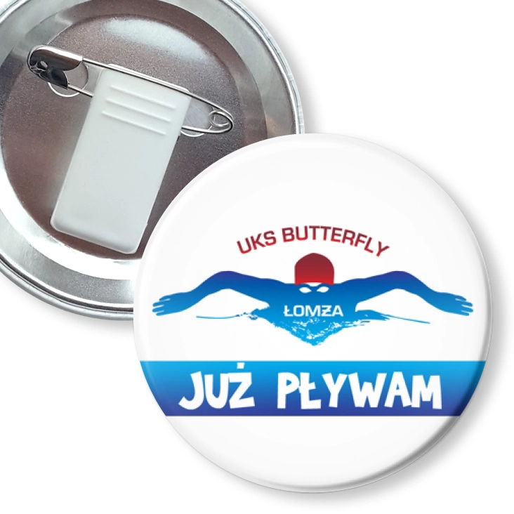 przypinka z żabką i agrafką Już pływam UKS Butterfly