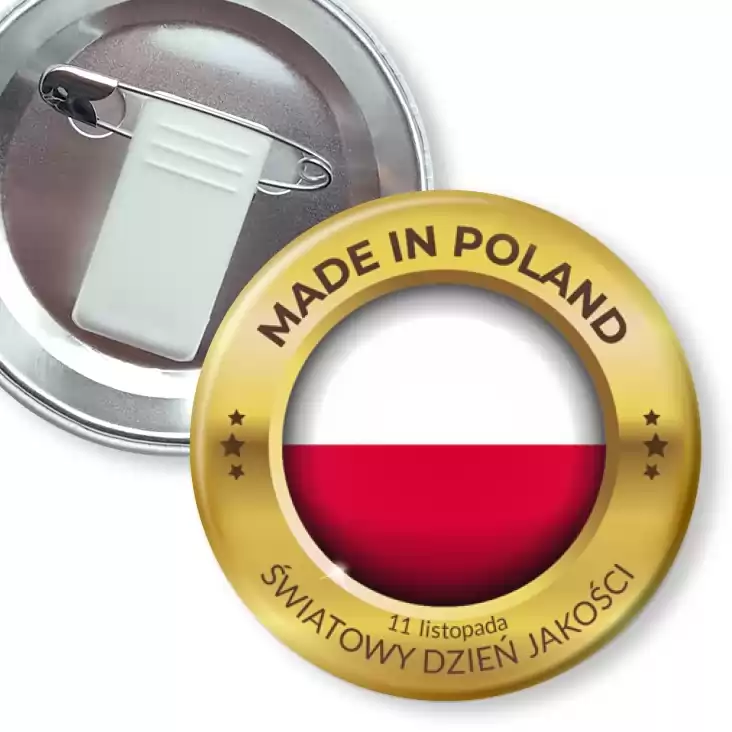 przypinka z żabką i agrafką Made in Poland Światowy Dzień Jakości