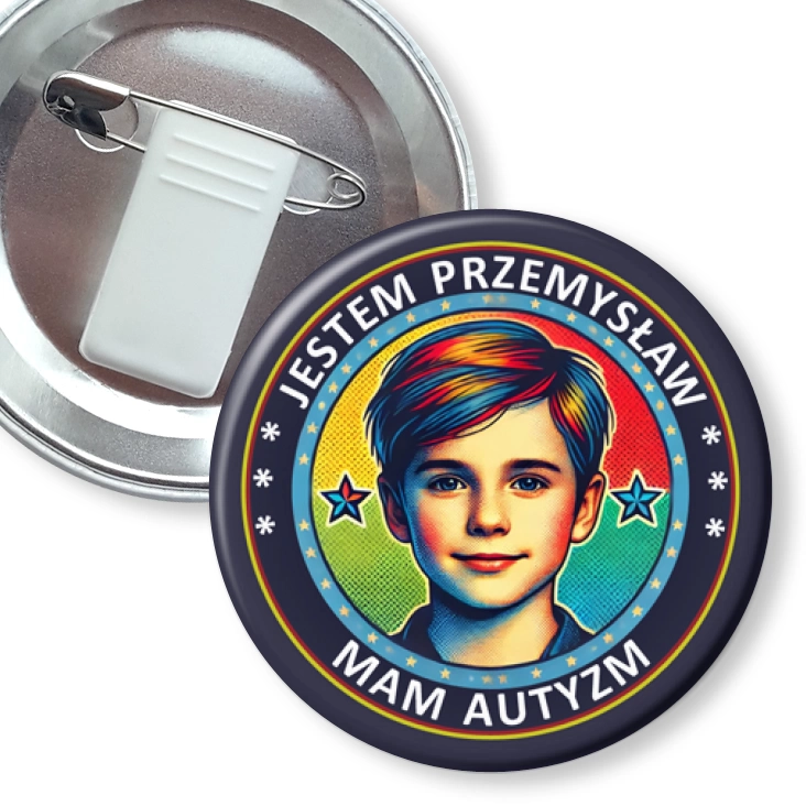 przypinka z żabką i agrafką Mam autyzm chłopiec z imieniem