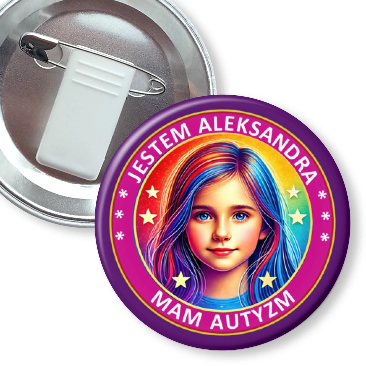 przypinka z żabką i agrafką Mam autyzm dziewczynka z imieniem