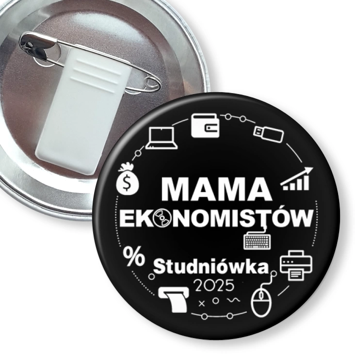 przypinka z żabką i agrafką Mama ekonomistów studniówka