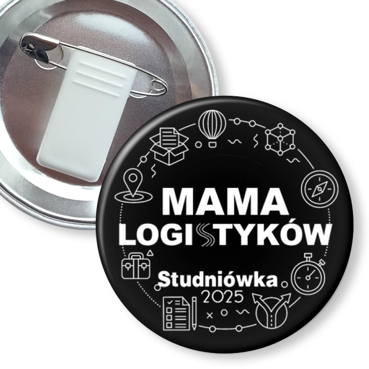 przypinka z żabką i agrafką Mama logistyków studniówka