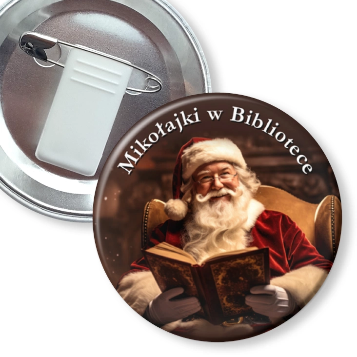 przypinka z żabką i agrafką Mikołajki w bibliotece