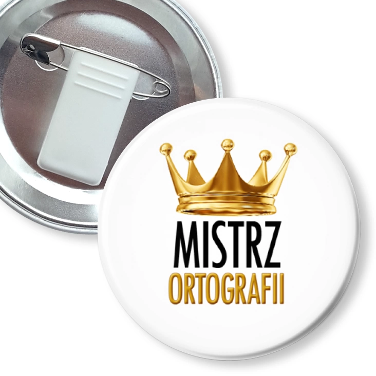 przypinka z żabką i agrafką Mistrz Ortografii w koronie