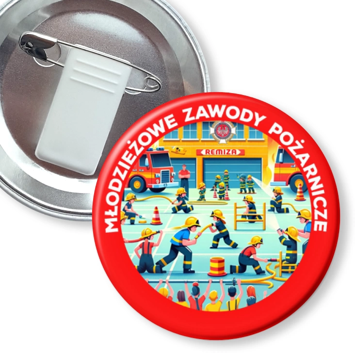 przypinka z żabką i agrafką Młodzieżowe Zawody Pożarnicze