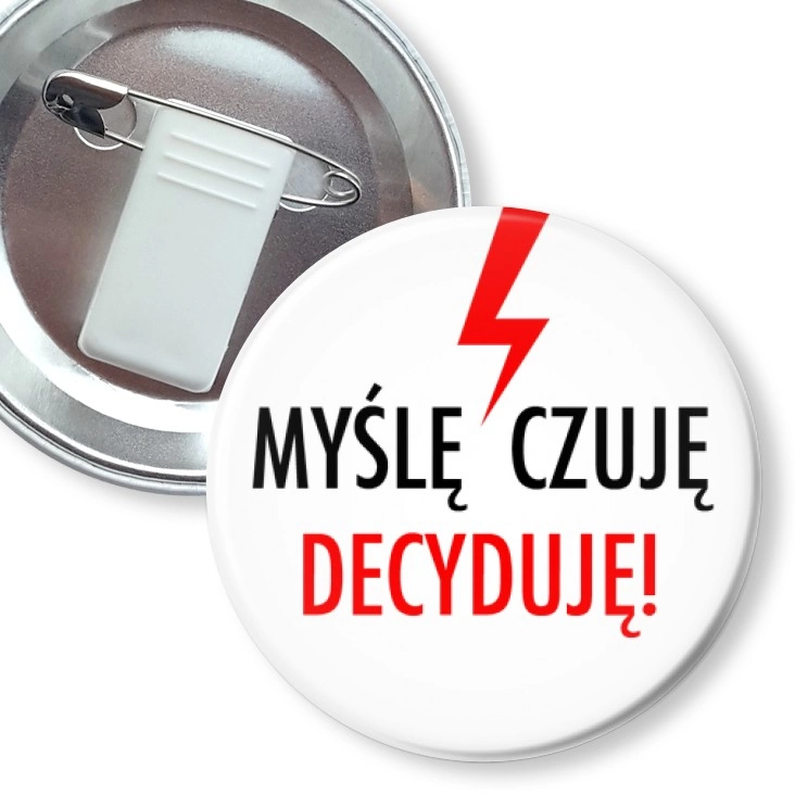 przypinka z żabką i agrafką Myślę Czuję Decyduję