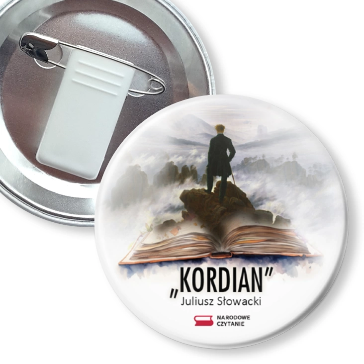przypinka z żabką i agrafką Narodowe Czytanie 2024 Kordian książka z wędrowcem