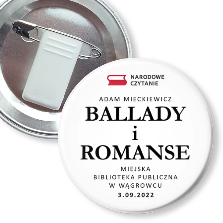 przypinka z żabką i agrafką Narodowe Czytanie Biblioteka w Wągrowcu