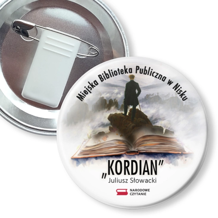 przypinka z żabką i agrafką Narodowe Czytanie Kordian 2024 Biblioteka w Nisku
