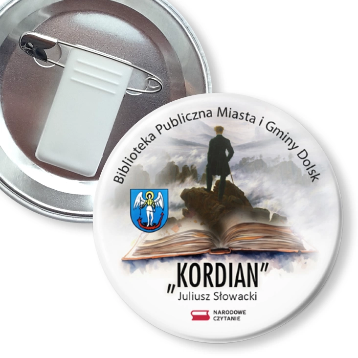 przypinka z żabką i agrafką Narodowe Czytanie Kordian Biblioteka Dolsk