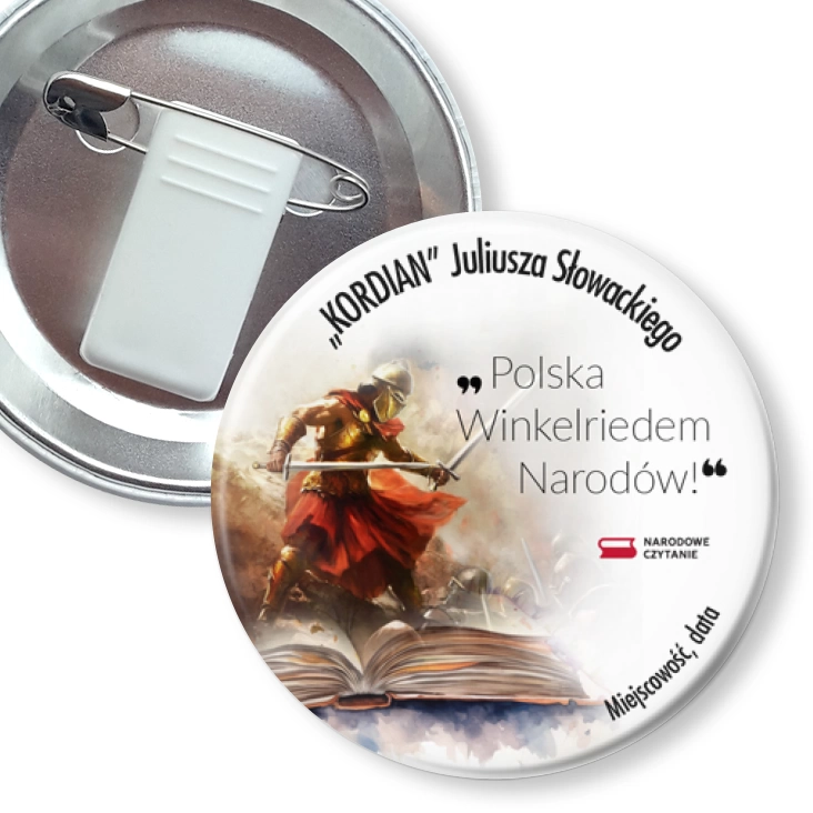 przypinka z żabką i agrafką Narodowe Czytanie Kordian rycerz Winkelried