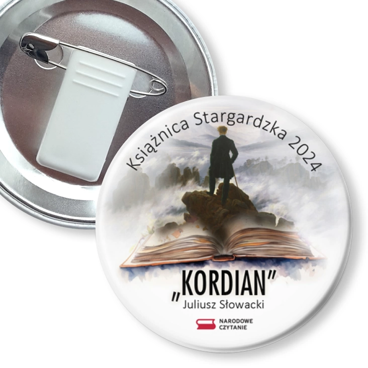 przypinka z żabką i agrafką Narodowe Czytanie Książnica Stargardzka