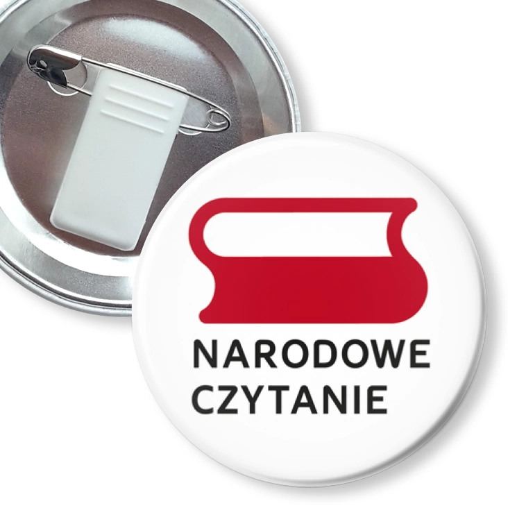 przypinka z żabką i agrafką Narodowe Czytanie logo