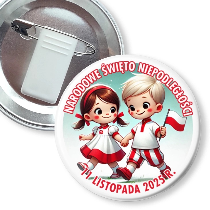 przypinka z żabką i agrafką Narodowe Święto Niepodległości dziewczynka i chłopiec