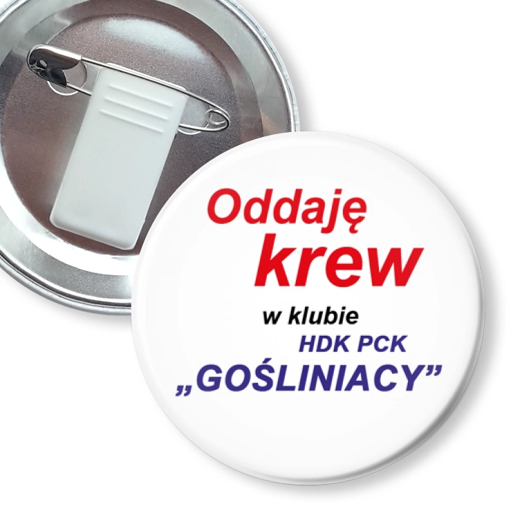 przypinka z żabką i agrafką Oddaję krew w HDK PCK Gośliniacy