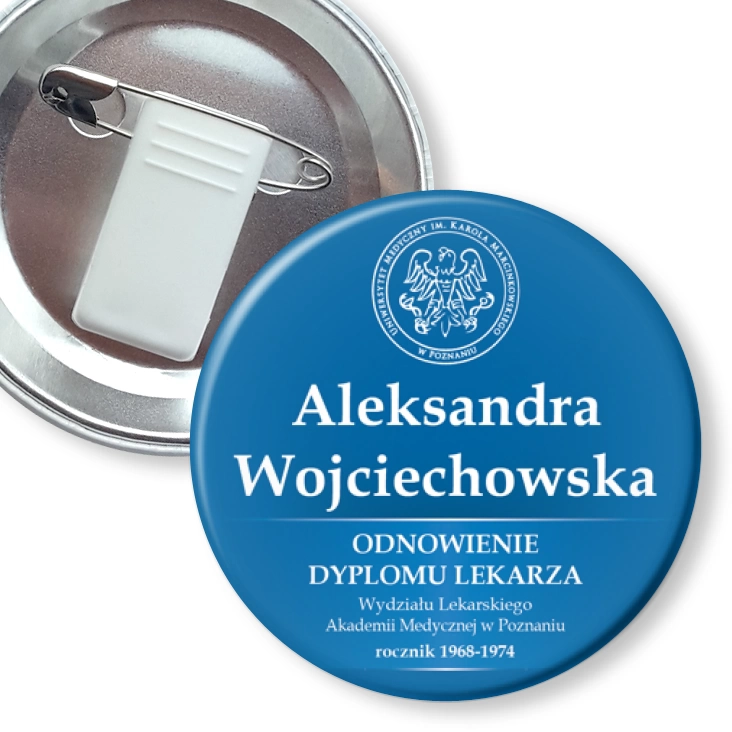 przypinka z żabką i agrafką Odnowienie dyplomu lekarza Akademii Medycznej w Poznaniu